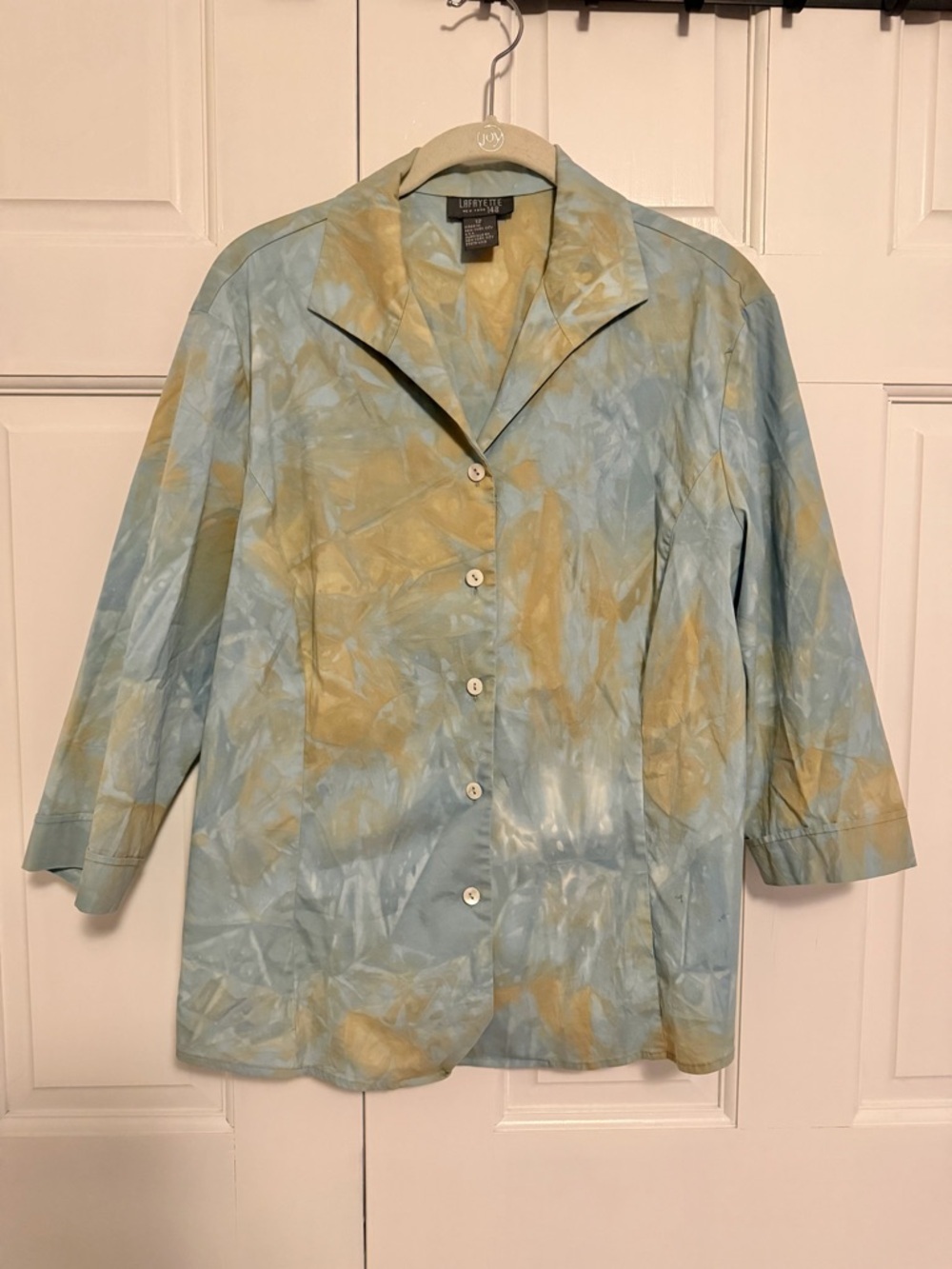 Lafayette‎ 148 New York Button Front Blouse Top Blue Beige Print Size 12